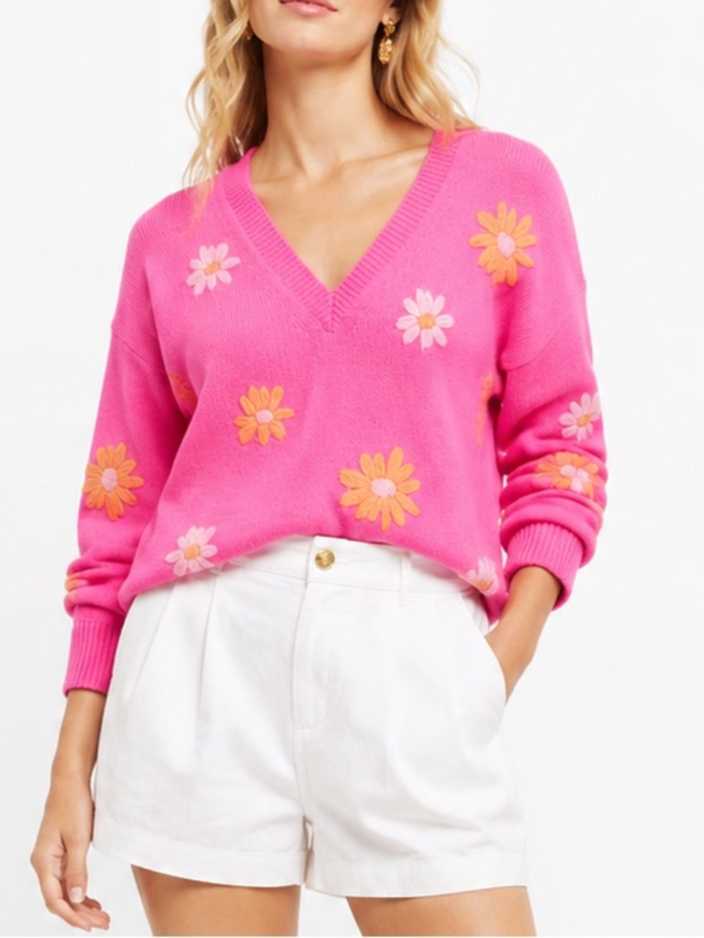 Lilly Pulitzer Tensley Sweater in Aura Pink Blooming Embroidery Pattern Size Med